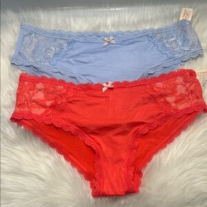 Victoria's Secret Lace Hiphuggers Panties -Light Blue and Pinkish Red.Set of (2)